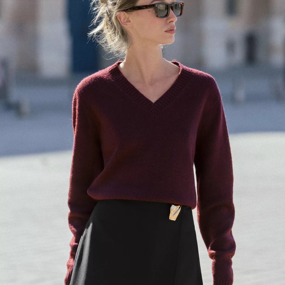 Zara Deep Red V-Neck Sweater for Women